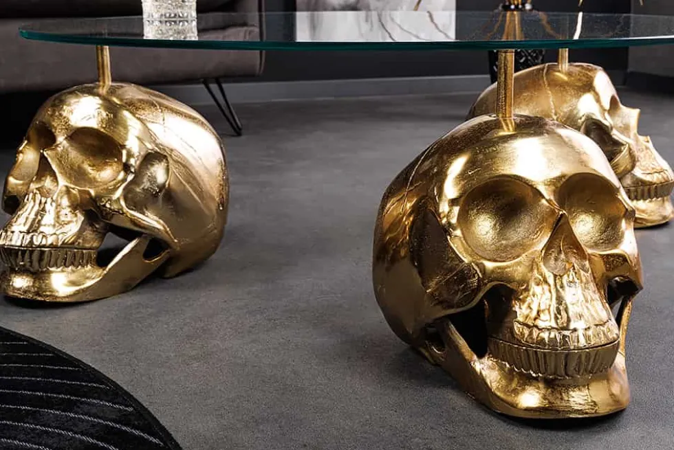 Design Couchtisch SKULL XXL 90cm gold rund Glasplatte Metall Totenkopf handmade