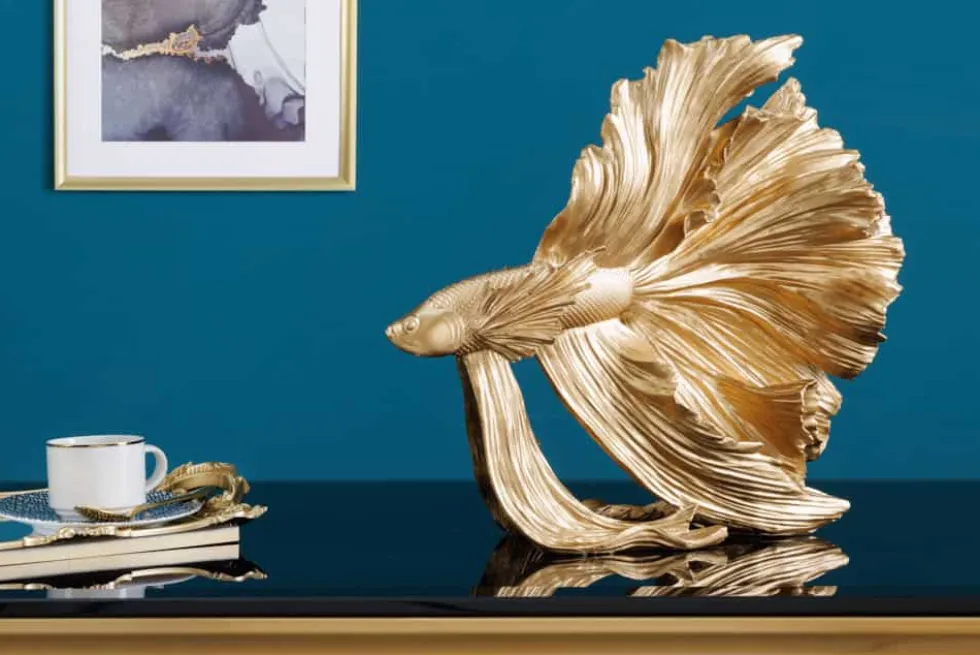 Design Deko Figur Kampffisch CROWNTAIL 35cm gold Betta Fisch Skulptur