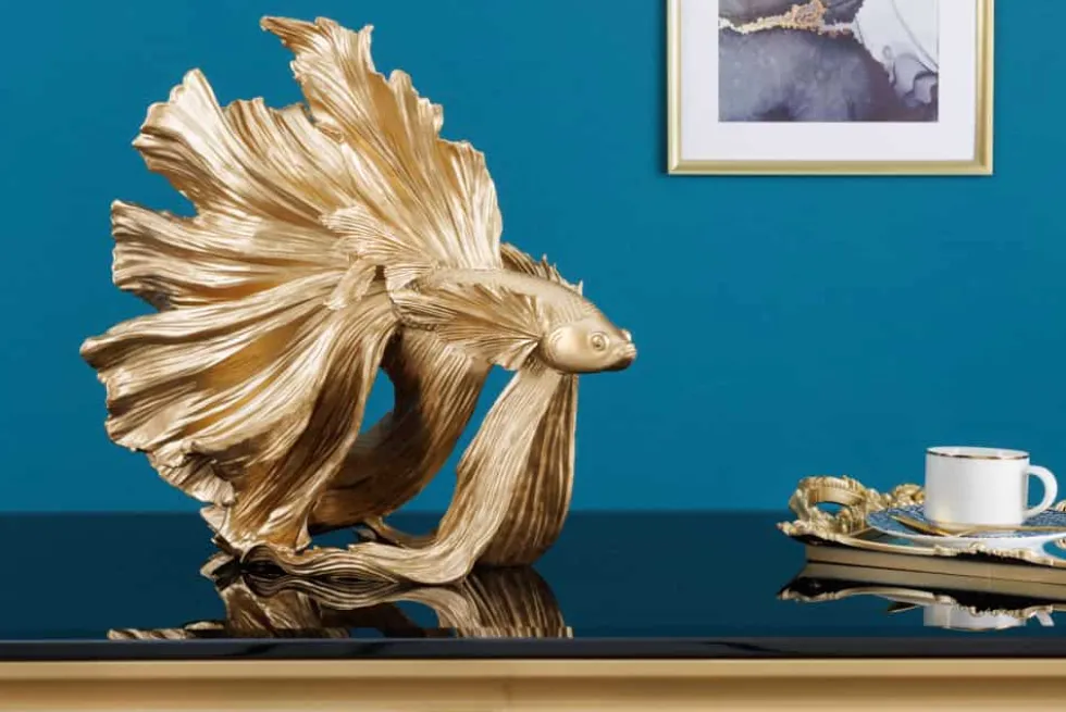 Design Deko Figur Kampffisch CROWNTAIL 35cm gold Betta Fisch Skulptur