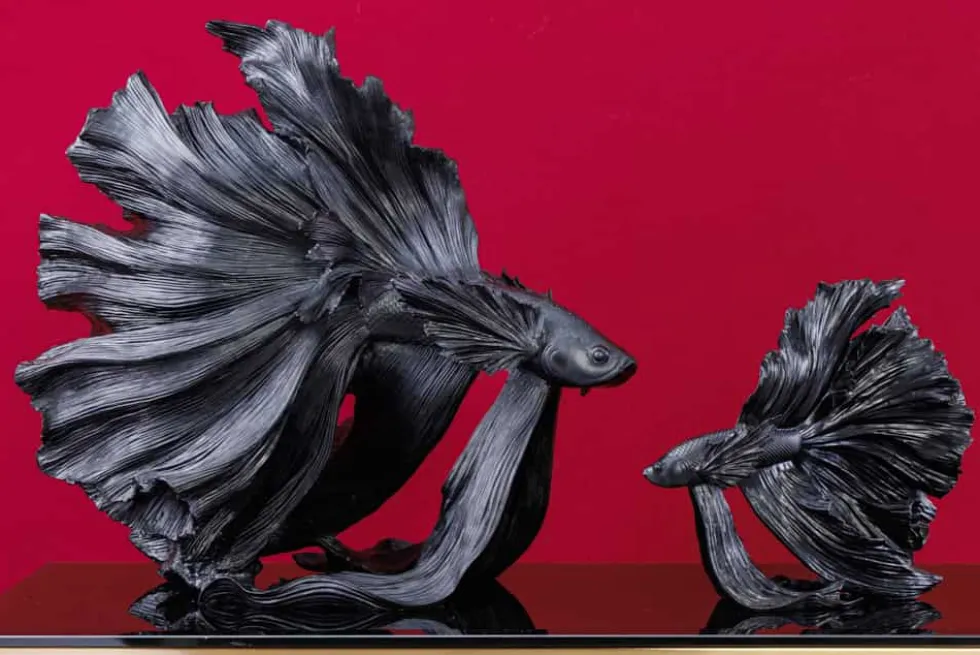 Design Deko Figur Kampffisch CROWNTAIL 65cm schwarz Betta Fisch Skulptur