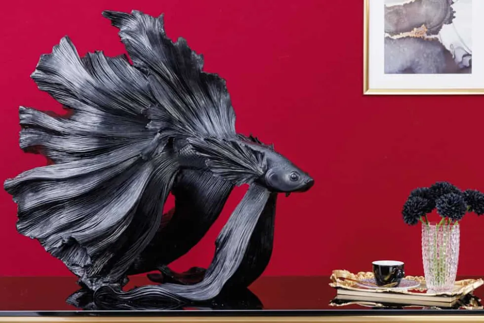 Design Deko Figur Kampffisch CROWNTAIL 65cm schwarz Betta Fisch Skulptur