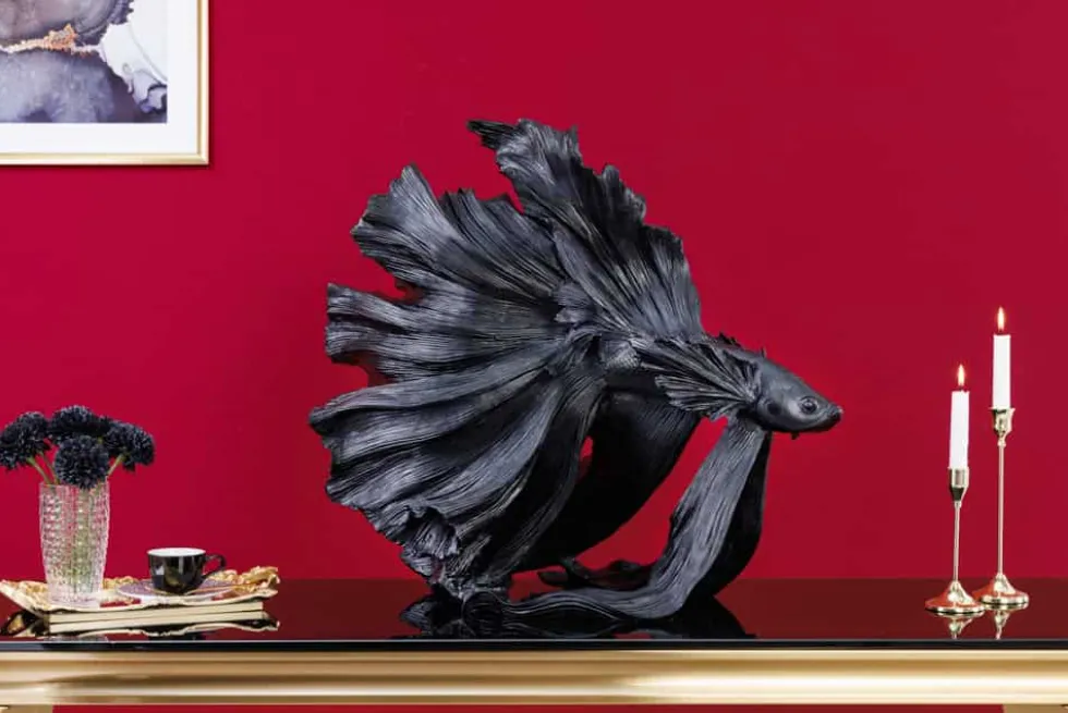 Design Deko Figur Kampffisch CROWNTAIL 65cm schwarz Betta Fisch Skulptur