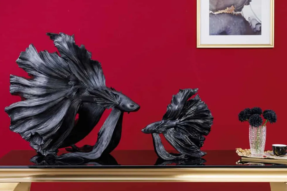 Design Deko Figur Kampffisch CROWNTAIL 65cm schwarz Betta Fisch Skulptur