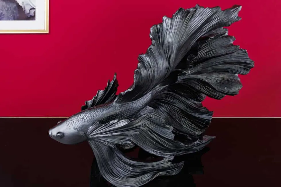 Design Deko Figur Kampffisch CROWNTAIL 65cm schwarz Betta Fisch Skulptur