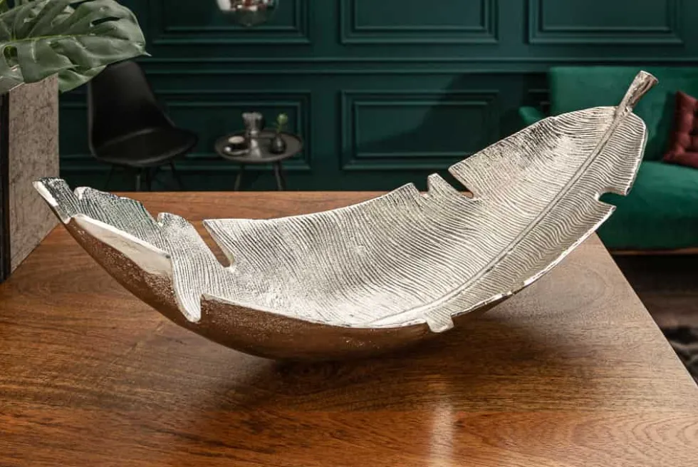 Design Deko Schale SILVER LEAF 65cm silber Blatt Design Metall Handarbeit