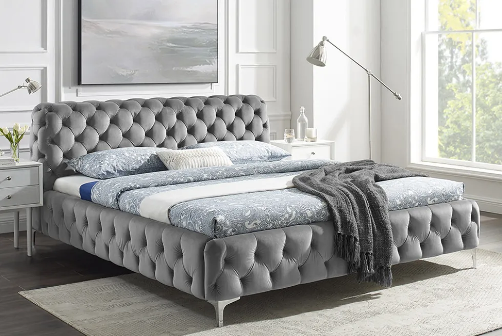 Design Doppelbett MODERN BAROCK 180x200cm grau Samt Chesterfield