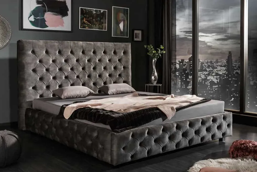 Design Doppelbett PARIS 160x200cm grau Samt Chesterfield Polsterbett