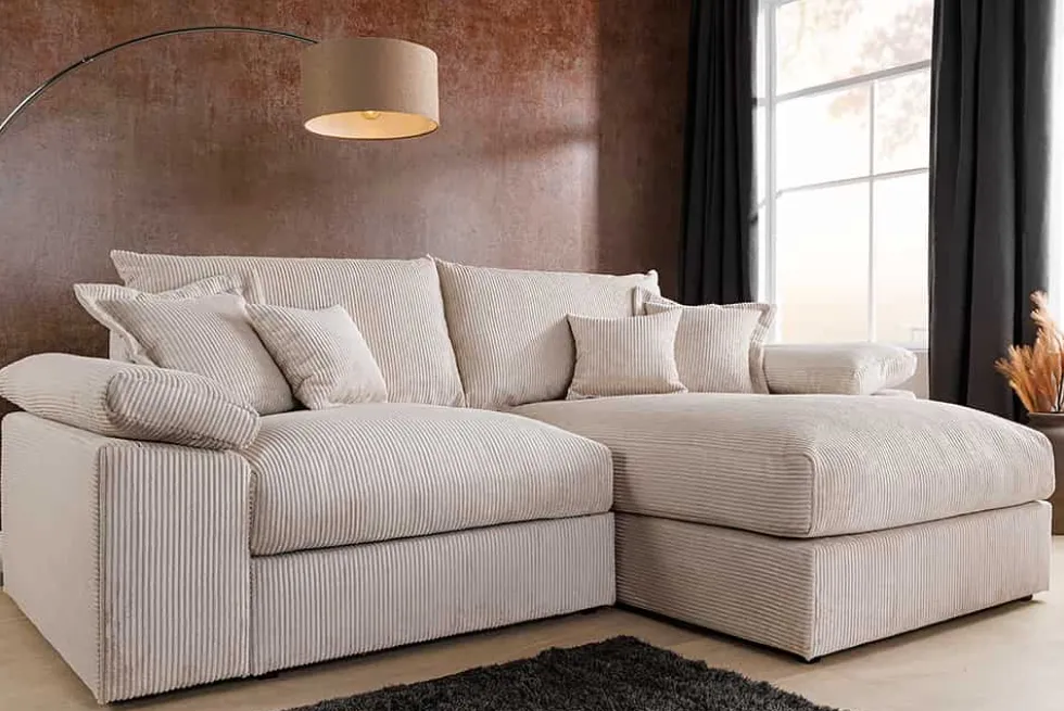 Design Ecksofa ATMOSPHERE XL 245cm champagner beige Cord Federkern inkl. Kissen