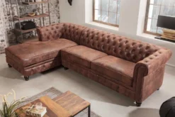 Design Ecksofa CHESTERFIELD 270cm antik braun Microfaser Federkern Ottomane links Vintage