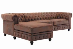 Design Ecksofa CHESTERFIELD 270cm antik braun Microfaser Federkern Ottomane links Vintage