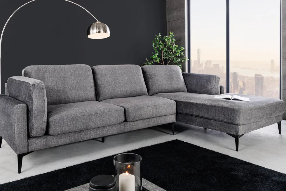 Design Ecksofa MANHATTAN 295cm dunkelgrau Samt Federkern 3-Sitzer Metallfüße
