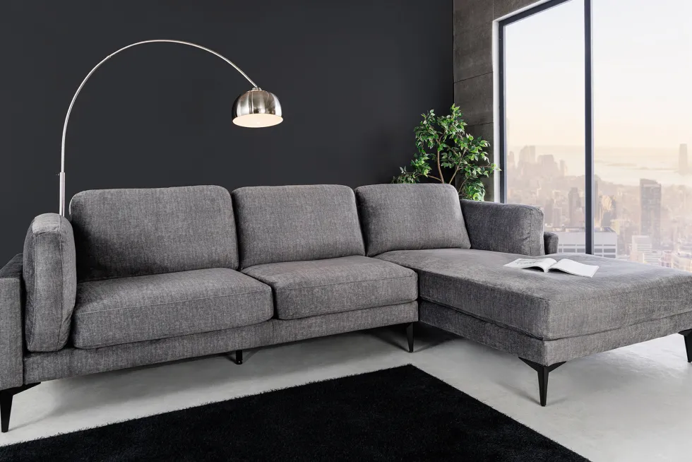 Design Ecksofa MANHATTAN 295cm dunkelgrau Samt Federkern 3-Sitzer Metallfüße