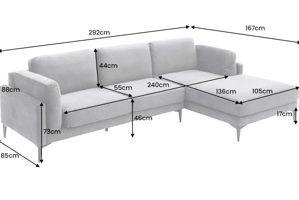 Design Ecksofa MANHATTAN 295cm dunkelgrau Samt Federkern 3-Sitzer Metallfüße