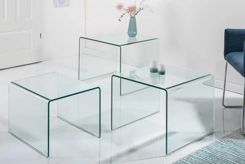 Design 3er Set Glas Couchtisch FANTOME 60cm Beistelltische transparent