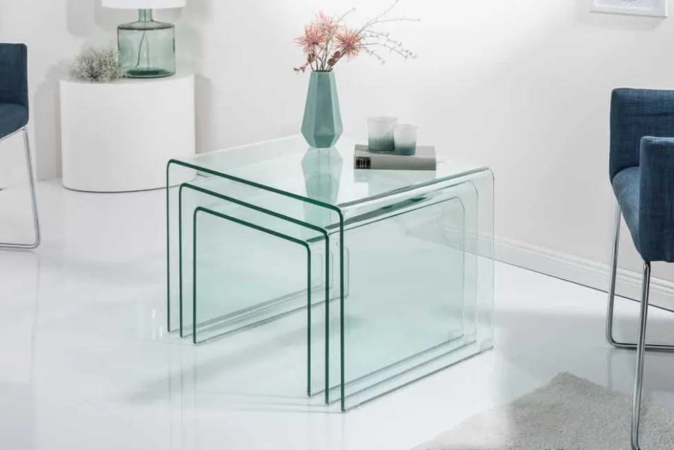 Design 3er Set Glas Couchtisch FANTOME 60cm Beistelltische transparent