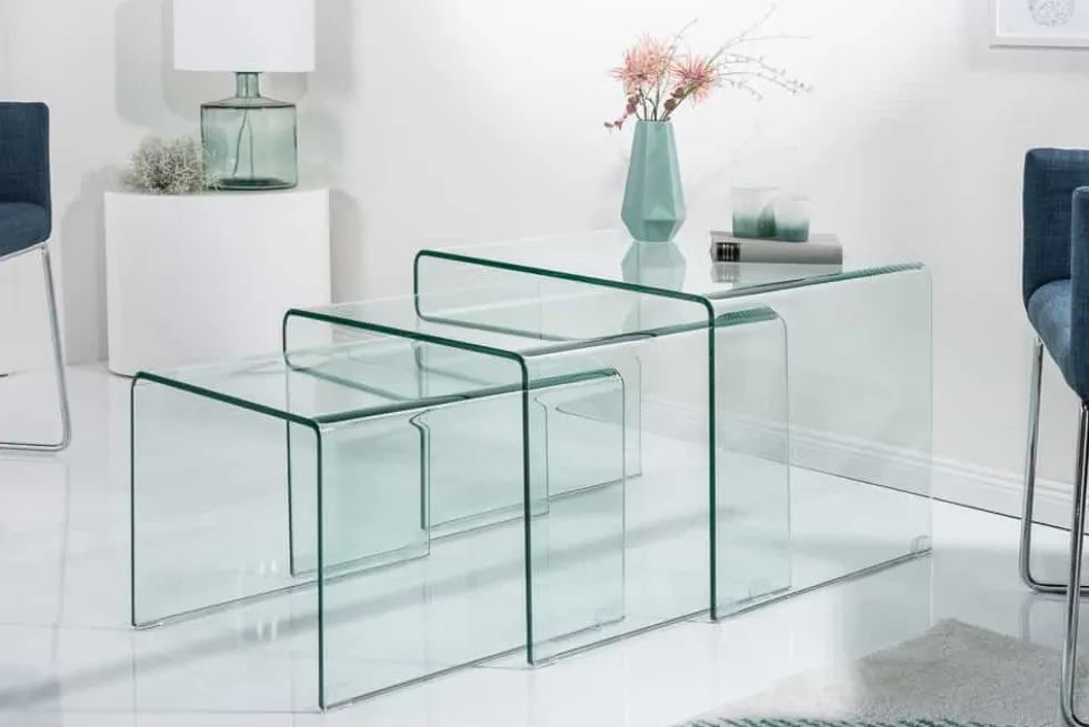 Design 3er Set Glas Couchtisch FANTOME 60cm Beistelltische transparent