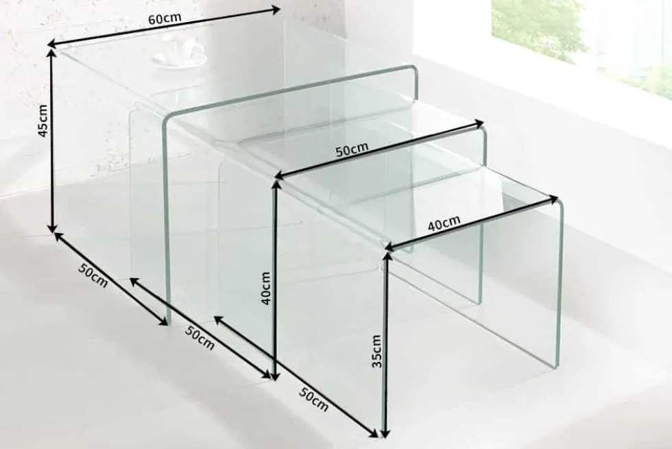 Design 3er Set Glas Couchtisch FANTOME 60cm Beistelltische transparent
