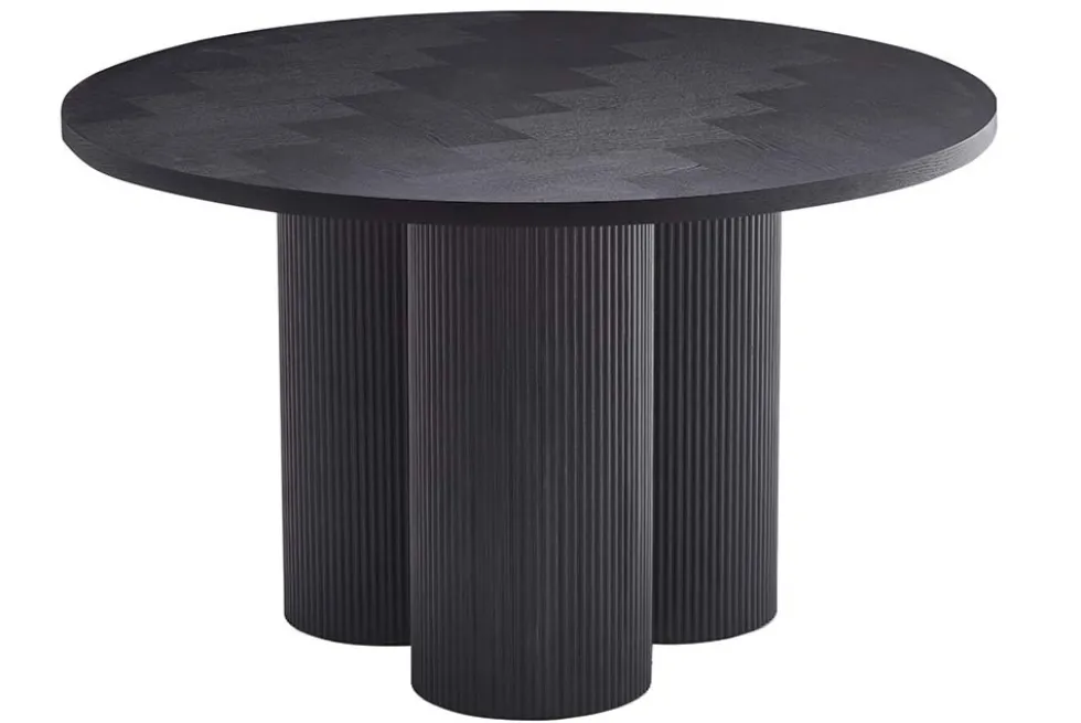 Design Esstisch BABYLON 120cm schwarz Fischgrät Eiche rund mit drei Säulenfüßen
