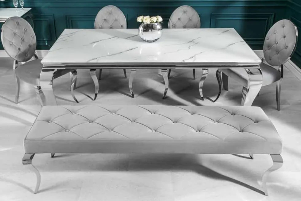 Design Esstisch MODERN BAROCK 200cm weiß chrom Glasplatte Marmor Edelstahlbeine