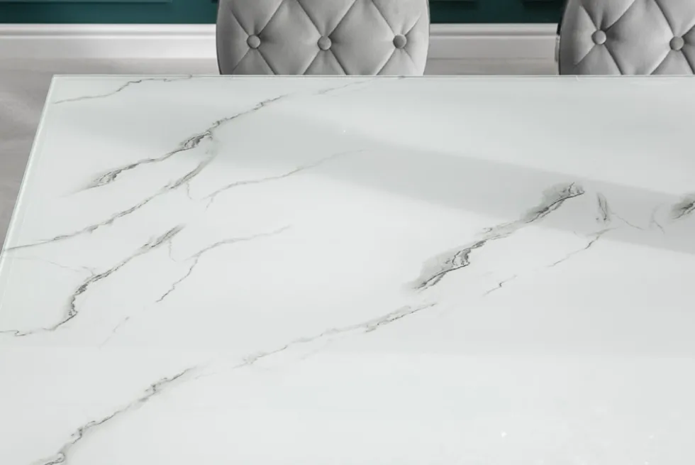 Design Esstisch MODERN BAROCK 200cm weiß chrom Glasplatte Marmor Edelstahlbeine