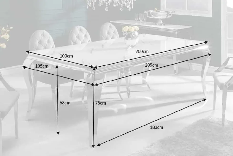 Design Esstisch MODERN BAROCK 200cm weiß chrom Glasplatte Marmor Edelstahlbeine