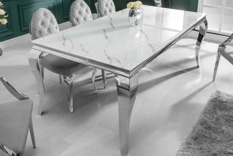 Design Esstisch MODERN BAROCK 180cm weiß chrom Glasplatte Marmor Edelstahlbeine
