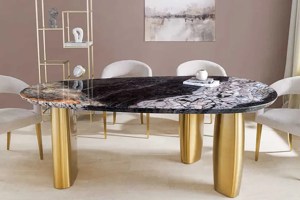 Design Esstisch ORGANIC 200cm grau weiß braun Naturstein Marmor Metall brushed gold