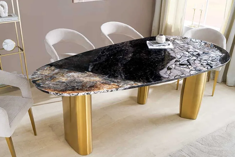 Design Esstisch ORGANIC 200cm grau weiß braun Naturstein Marmor Metall brushed gold