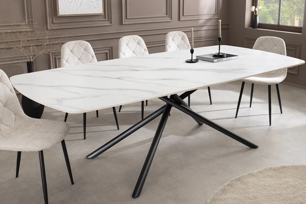 Design Esstisch OSAKA 200cm weiß Keramik schwarz Sterngestell Metall