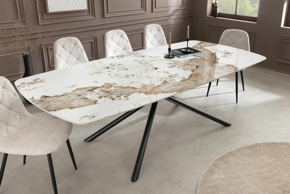Design Esstisch OSAKA 160cm weiß schwarz Pandora Keramik Sterngestell Metall