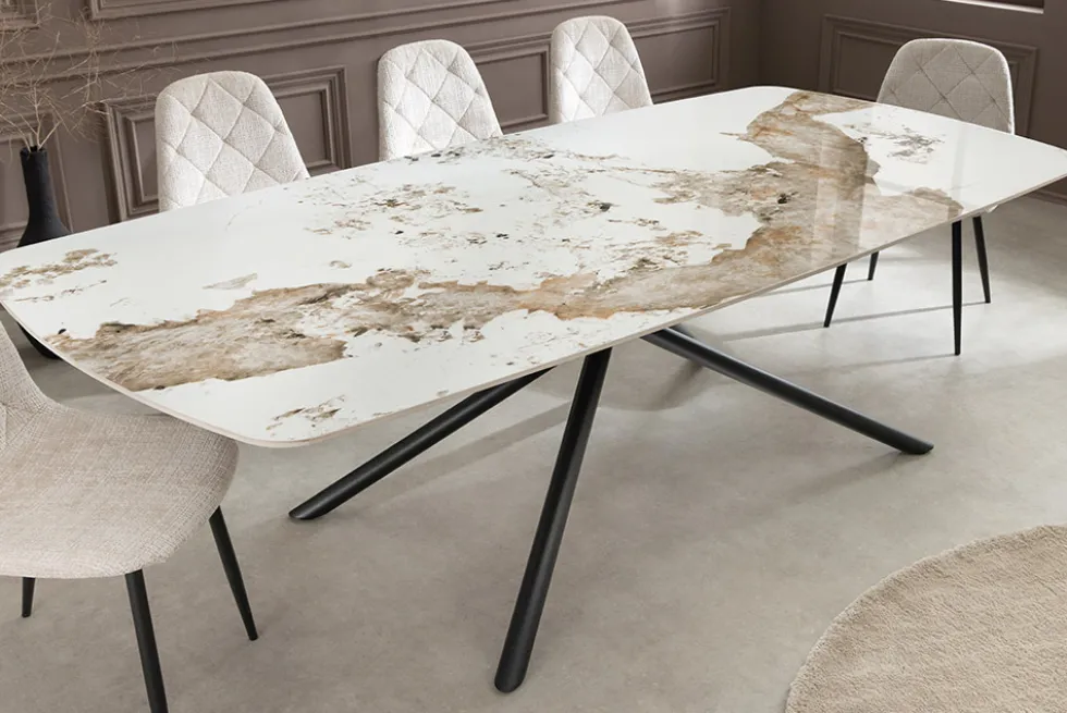 Design Esstisch OSAKA 160cm weiß schwarz Pandora Keramik Sterngestell Metall