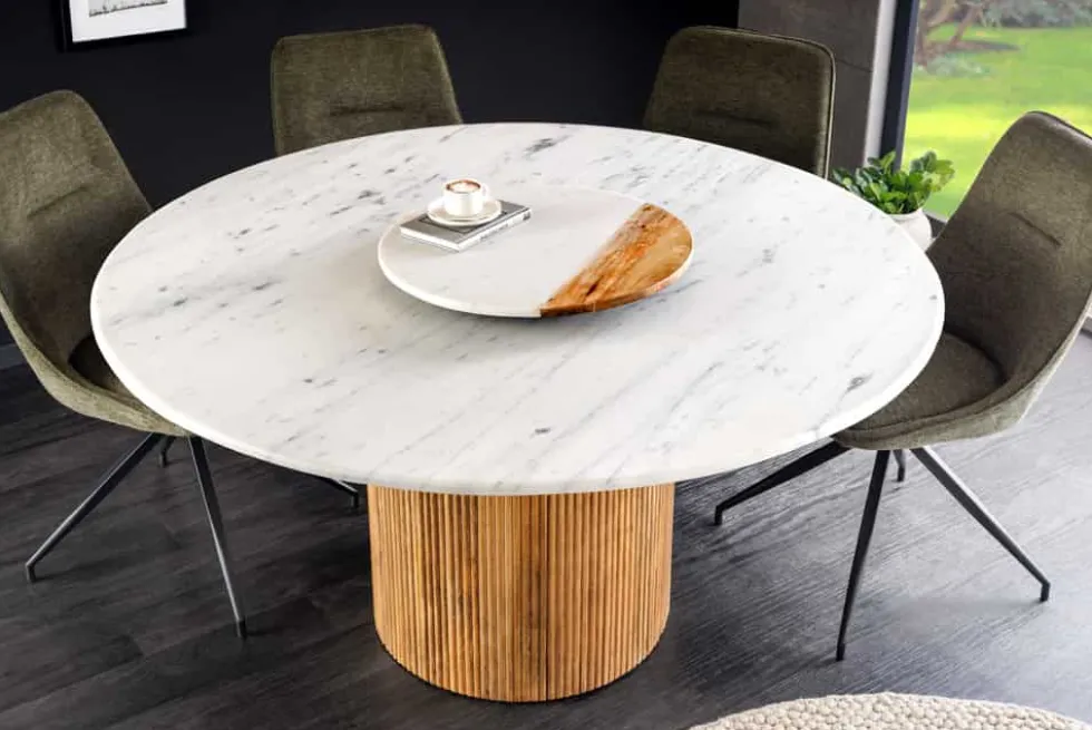 Design Esstisch TRES CHIC 140cm weiß Marmorplatte rund braun Mangoholz