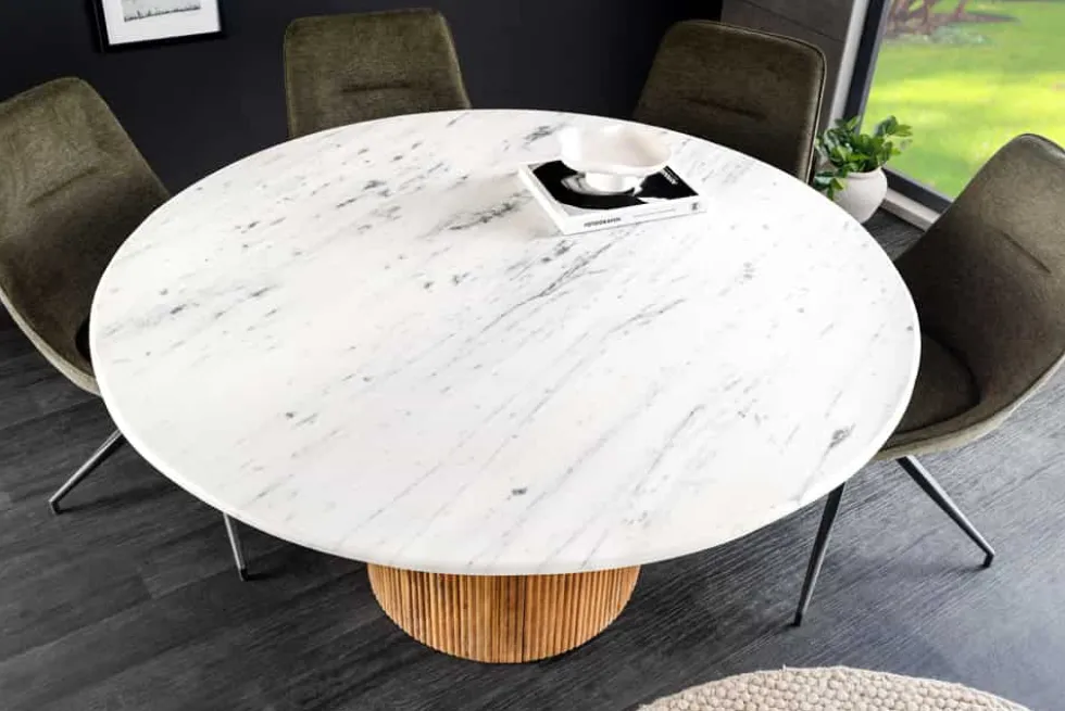 Design Esstisch TRES CHIC 140cm weiß Marmorplatte rund braun Mangoholz