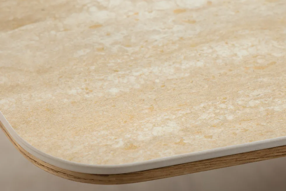 Design Esstisch UNIQUE 200cm natur braun Travertin Keramik Eichenholz Säulenfuß