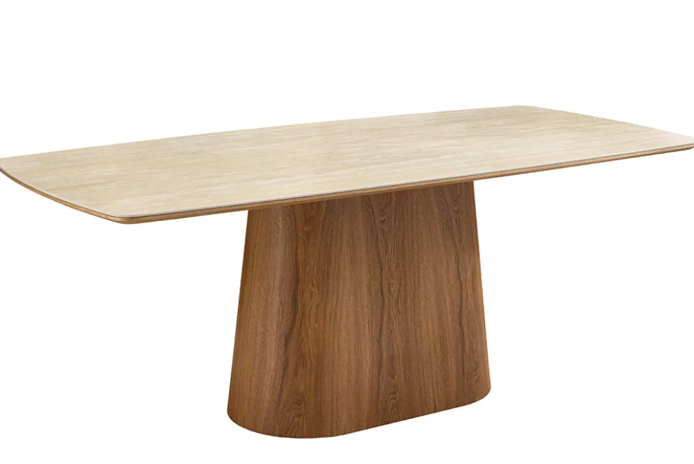 Design Esstisch UNIQUE 200cm natur braun Travertin Keramik Eichenholz Säulenfuß