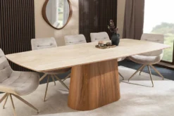Design Esstisch UNIQUE 200cm natur braun Travertin Keramik Eichenholz Säulenfuß