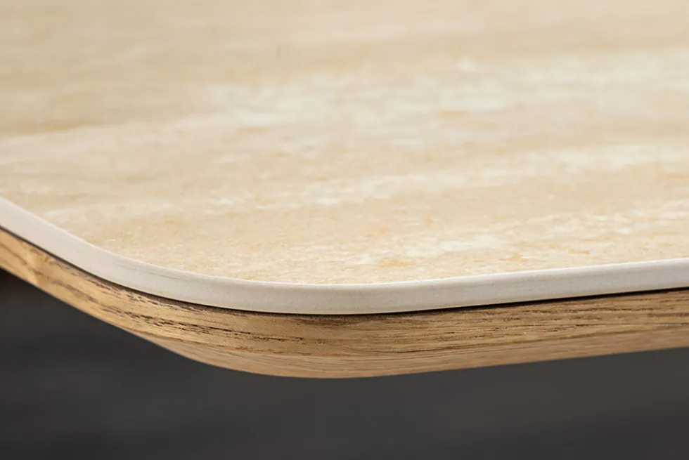 Design Esstisch UNIQUE 200cm natur braun Travertin Keramik Eichenholz Säulenfuß