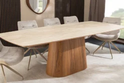 Design Esstisch UNIQUE 200cm natur braun Travertin Keramik Eichenholz Säulenfuß