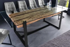 Design Glas Esstisch BARRACUDA 220cm natur Teak Massivholz schwarz Kufengestell