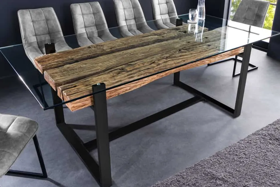 Design Glas Esstisch BARRACUDA 220cm natur Teak Massivholz schwarz Kufengestell