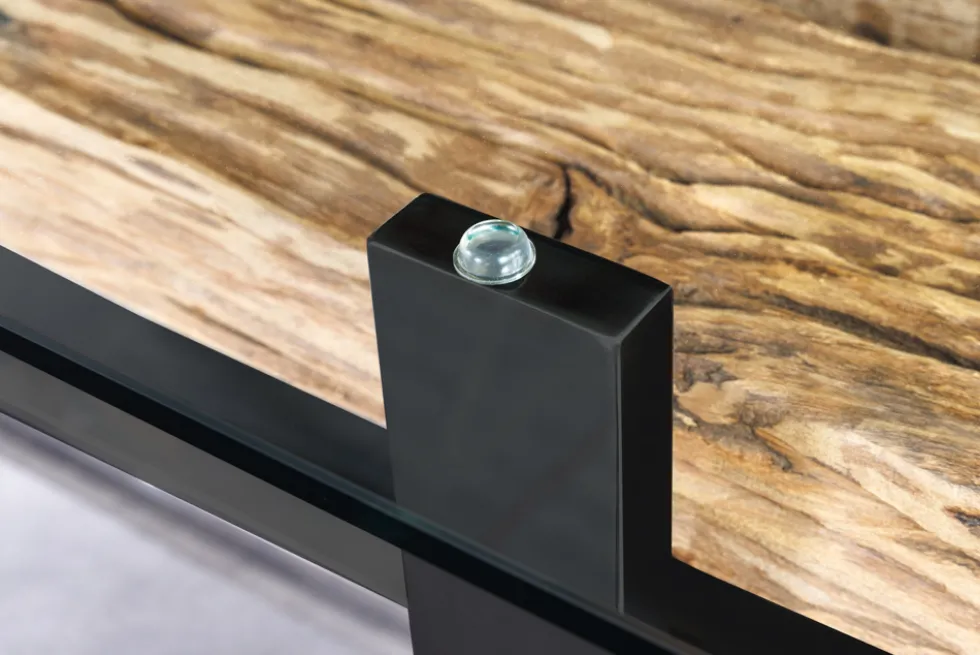 Design Glas Esstisch BARRACUDA 220cm natur Teak Massivholz schwarz Kufengestell