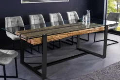 Design Glas Esstisch BARRACUDA 220cm natur Teak Massivholz schwarz Kufengestell