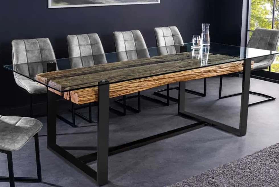 Design Glas Esstisch BARRACUDA 220cm natur Teak Massivholz schwarz Kufengestell