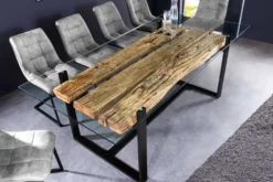 Design Glas Esstisch BARRACUDA 220cm natur Teak Massivholz schwarz Kufengestell
