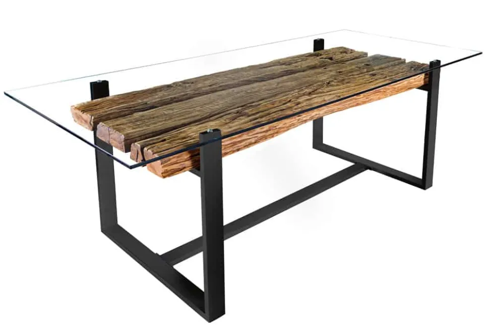 Design Glas Esstisch BARRACUDA 220cm natur Teak Massivholz schwarz Kufengestell