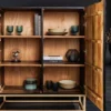 Design Highboard ILLUSION 120cm schwarz Mangoholz Massivholz mit 3D Schnitzereien gold Eisen Metallgestell
