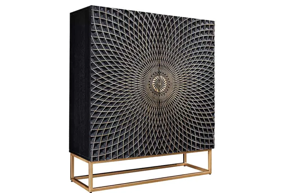 Design Highboard ILLUSION 120cm schwarz Mangoholz Massivholz mit 3D Schnitzereien gold Eisen Metallgestell
