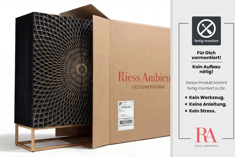 Design Highboard ILLUSION 120cm schwarz Mangoholz Massivholz mit 3D Schnitzereien gold Eisen Metallgestell