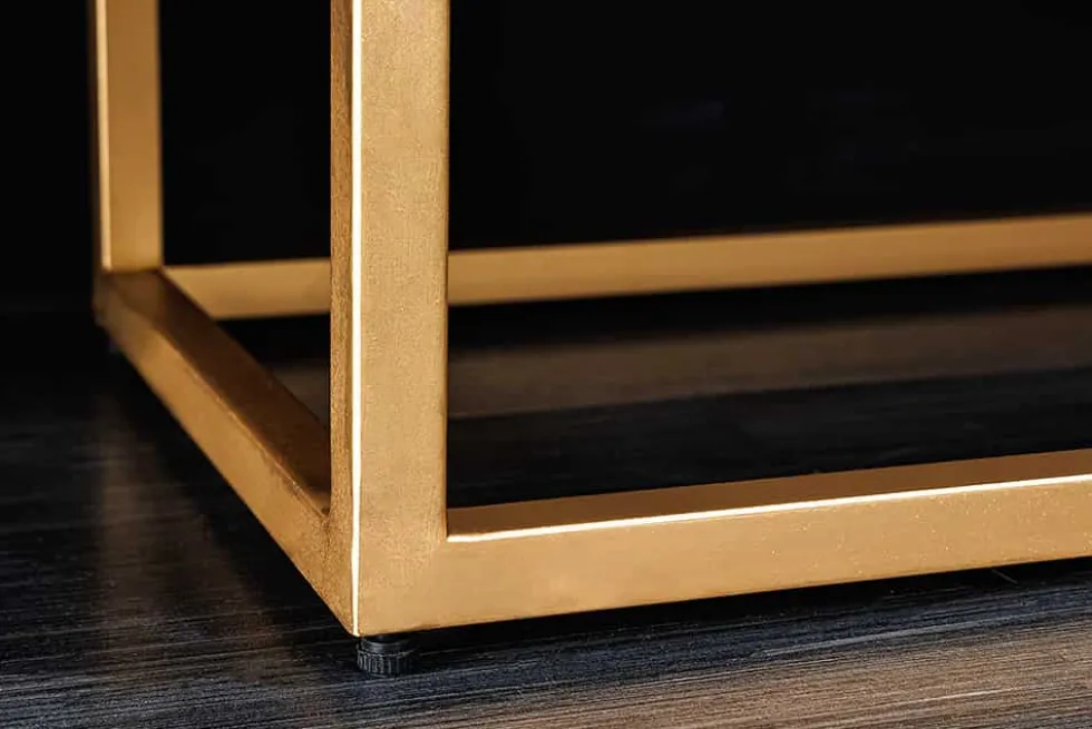 Design Highboard ILLUSION 120cm schwarz Mangoholz Massivholz mit 3D Schnitzereien gold Eisen Metallgestell