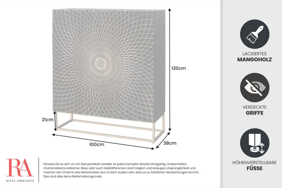Design Highboard ILLUSION 120cm schwarz Mangoholz Massivholz mit 3D Schnitzereien gold Eisen Metallgestell